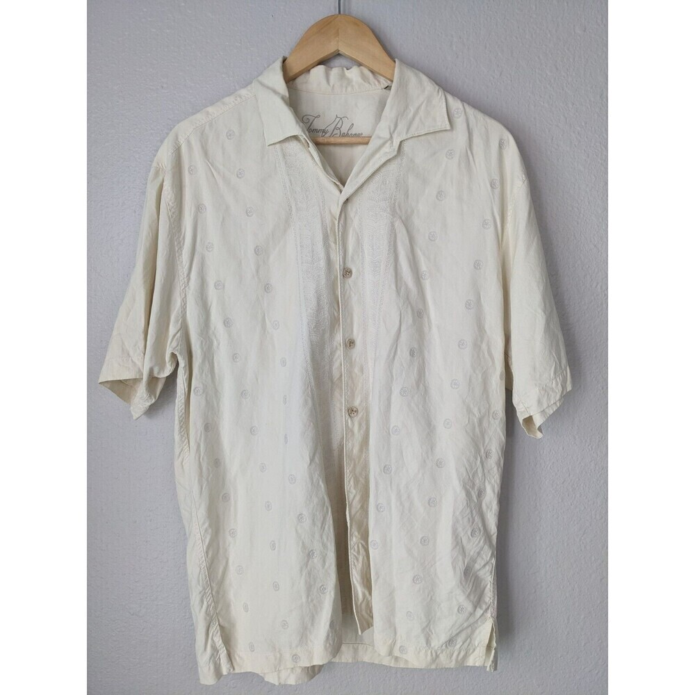 Tommy Bahama Size Large Beige Silk Short Sleeve Shirt